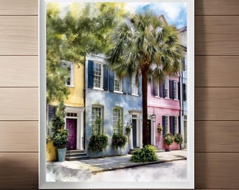 Charleston Rainbow Row Watercolor Print: South Carolina Travel Art (Digital Download)
