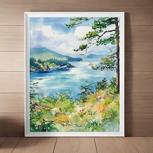 San Juan Islands Painting, Washington Watercolor Print, USA Wall Art, Landscape Artwork Pacific Northwest Coastal Art Printable Art Download