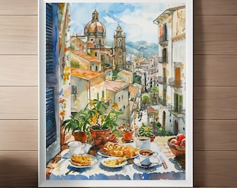 シチリアの朝食の絵画、イタリアの都市景観、水彩画、アートプリント