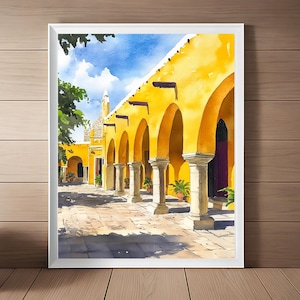 Izamal Art, Mexico Wall Art, Mexican Watercolor Painting, Latin America Art, Streetscape Print, Mexico Travel Poster, Travel Gift Download