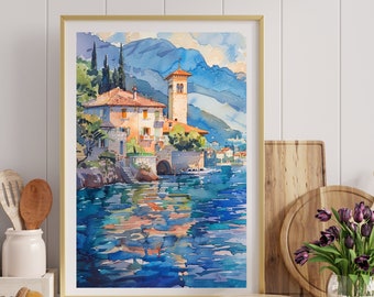 コモ湖の水彩画アートプリント：イタリアの風景、風光明媚な壁装飾