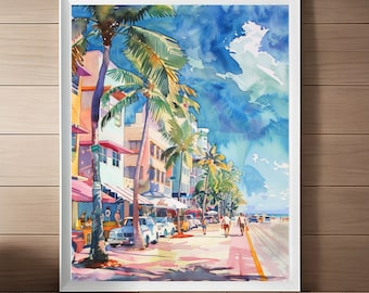 Miami South Beach Watercolor Art Print: Ocean Drive Streetscape (Digital Download)