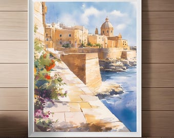 マルタの海景水彩画プリント：地中海の島々の壁掛けアート（デジタル