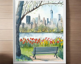 Central Park Watercolor Print: Spring Cityscape, NYC Travel Poster (Digital Download)