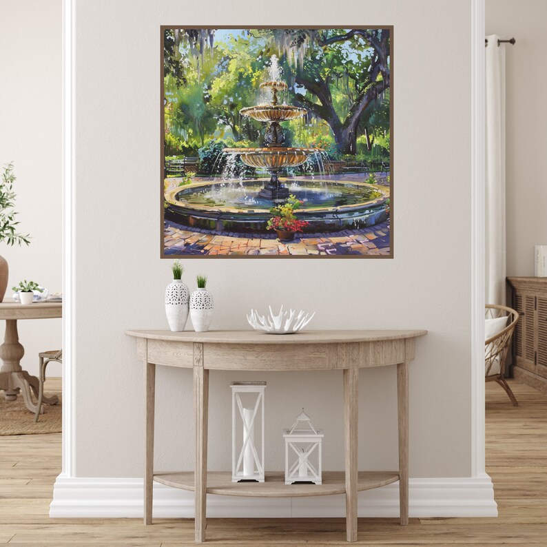 Forsyth Park Fountain Savannah Painting, Oak Trees with Spanish Moss Watercolor Art Print, Georgia Wall Art Historic Southern US Travel Art