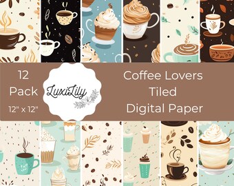 Seamless Coffee Lover Digital Paper Pack, Coffee Digital Paper Scrapbooking Paper, But First Coffee, Printable Backgrounds coffee paper mint