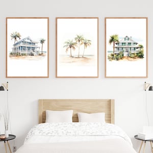 Modern Beach Houses and Palm Trees Print Set of 3, coastal wall art beach house wall decor Coastal Farmhouse Art Watercolor Neutral Nautical