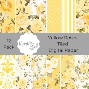Yellow Roses Digital Papers, Floral Digital Paper Pack, Digital Scrapbooking, Rose Papers Vintage Florals Yellow Shabby Chic Roses Paper Set
