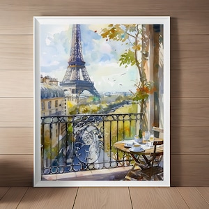 Eiffel Tower Balcony Art Print: Quaint Paris Scene Watercolor (Digital Download)
