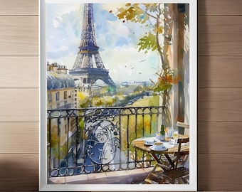 Eiffel Tower Balcony Art Print: Quaint Paris Scene Watercolor (Digital Download)