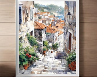 May include: A watercolor painting of a narrow, cobblestone street in a European village. The street is lined with stone buildings and has a staircase leading up to the top of the hill. There are potted plants and flowers along the sides of the street.