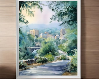 Asheville Cityscape Watercolor Painting: North Carolina Travel Poster Gift, Nature Landscape Art Print (Digital Download)