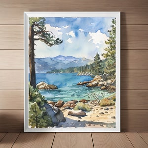Pintura del lago Tahoe, arte de acuarela, impresión, paisaje de Nevada, naturaleza, arte de pared, decoración de pared de parque estatal, arte de viaje, descarga