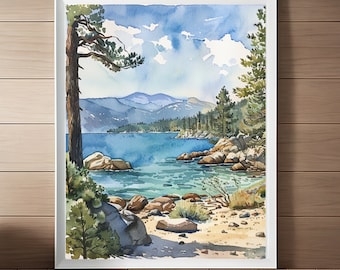 Impresión de acuarela del lago Tahoe: paisaje de Nevada, arte de viaje (descarga digital)