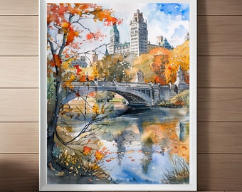 Central Park Watercolor Print: Fall Cityscape, NYC Travel Poster (Digital Download)
