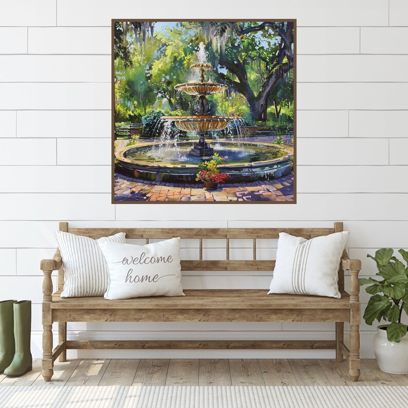 Forsyth Park Fountain Savannah Painting, Oak Trees with Spanish Moss Watercolor Art Print, Georgia Wall Art Historic Southern US Travel Art