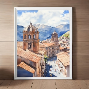 Cusco Peru Watercolor Art Print: Colonial Cityscape Travel Poster (Digital Download)