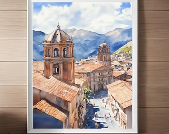 Lámina artística en acuarela de Cusco, Perú: Póster de viaje con paisaje urbano colonial (Descarga digital)