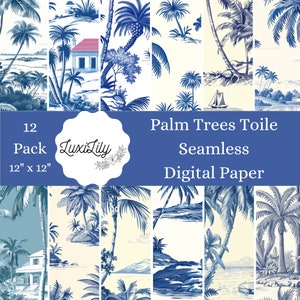 Palm Trees Toile Digital Papers, Confezione di carta tropicale vintage blu, Carta per scrapbooking, Scarica Beach Chinoiserie Toile de Jouy Palms