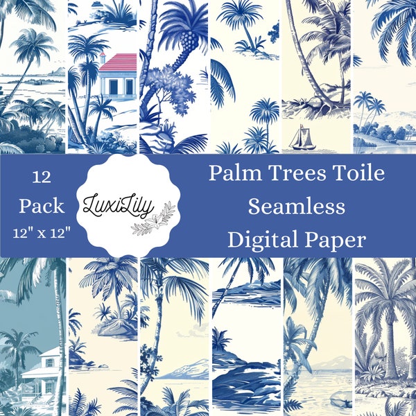 Papiers numériques toile palmiers, paquet de papier tropical bleu vintage, papier de scrapbooking, plage chinoiseries toile de Jouy palmiers à télécharger