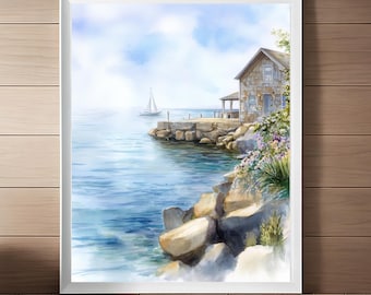 Rockport Massachusetts Watercolor Print: Coastal New England Seascape (Digital Download)