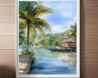 Roatan Island Art, Honduras Watercolor Painting, Central America Print, Tropical Caribbean Travel Art Poster, Printable Art Digital Download