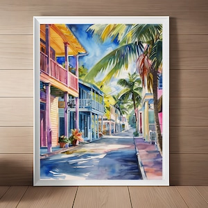 Key West Streetscape Art Print, Florida Keys Watercolor Painting, Coastal Print, Beach Wall Art, South Florida Travel Art Printable Download