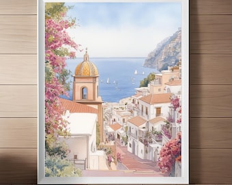 Positano Italy Watercolor Painting: Coastal Streetscape Art (Digital Download)