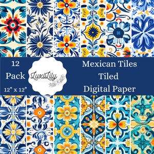 Mexican Tiles Digital Paper Pack, Talavera Tiles Scrapbooking Pages, Floral Tiles Seamless Backgrounds Digital Crafts Cards Instant Download