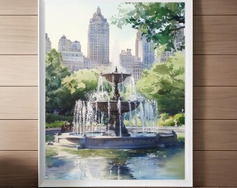Central Park Fountain Watercolor Print: NYC Skyline Art (Digital Download)