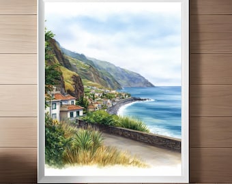 Lámina artística de acuarela con paisaje marino de las Islas Madeira: Póster de viaje de Portugal (Descarga digital)