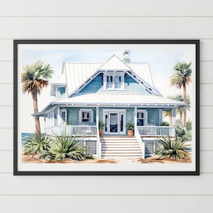 Beach House Art Print, Coastal Farm House with Large Porch Watercolor, Ocean, Beach Architecture Seaside Art, Coastal Farmhouse, Beachfront