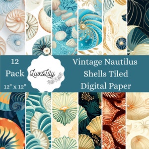 Vintage shells digital paper, nautilus seashells wallpaper, seamless chinoiserie pattern, repeat background, blue toile de jouy scrapbooking