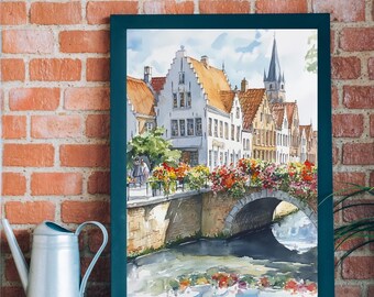 ベルギーのブルージュの水彩画：中世の運河沿いの街並み（デジタル