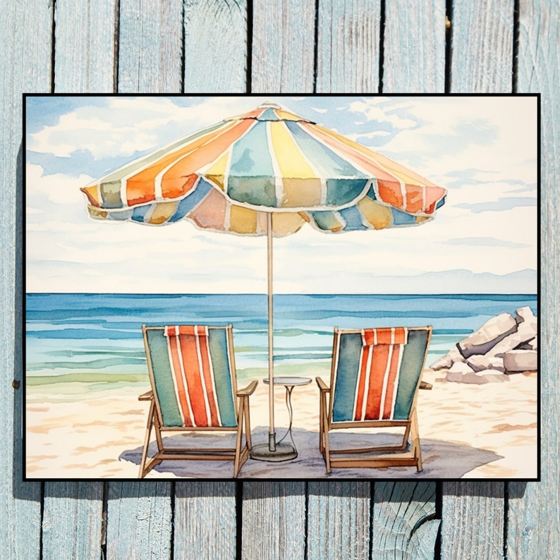 Beach Umbrellas Print, Beach Wall Art, Beach Chairs Coastal Print, Pop