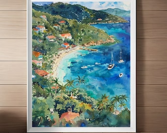 Aerial St John Painting, US Virgin Islands Watercolor Art Print, Caribbean Beach Wall Art, Seascape Tropical Artwork, Cinnamon Bay Download