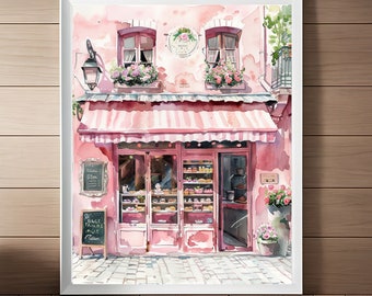 Paris Bakery Watercolor Art Print: French Patisserie Cityscape (Digital Download)