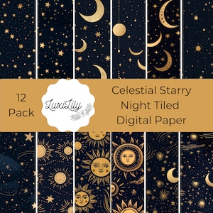 Celestial Starry Night Digital Paper Pack, naadloze marineblauwe texturen en gouden sterren instant download afdrukbare scrapbook papier achtergrond