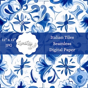 Italian Tile Digital Paper Blue White Mediterranean Seamless Tiles Scrapbook Pages Tile Pattern Backgrounds Digital Crafts Instant Download