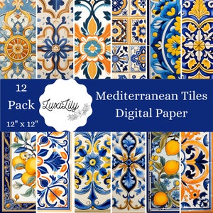 Carta digitale con piastrelle italiane, pagine per scrapbooking con limoni e piastrelle mediterranee, sfondi blu e gialli, artigianato digitale, download di decorazioni murali