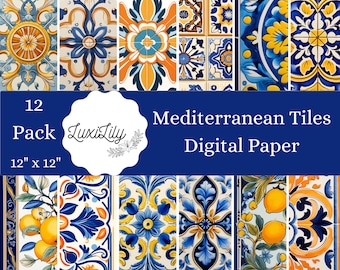 Italian Tile Digital Paper: Lemon & Blue Mediterranean Patterns (Digital Download)