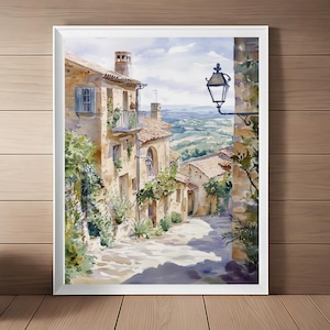 Gordes France Aquarell Kunstdruck: Französische Straßenansicht (Digitaler Download