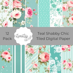 Teal Digital Paper, Seamless Vintage Roses Shabby Chic Digital Paper Junk Journal Kit Wedding Scrapbooking Pink Vintage Roses Vintage Floral