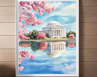 ジェファーソン記念館の水彩画プリント：ワシントンDCの桜（デジタルダウンロード）