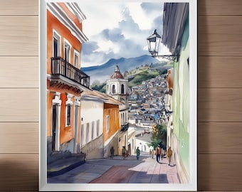 Quito Ecuador Watercolor Print: Vintage Andean Streetscape (Digital Download)