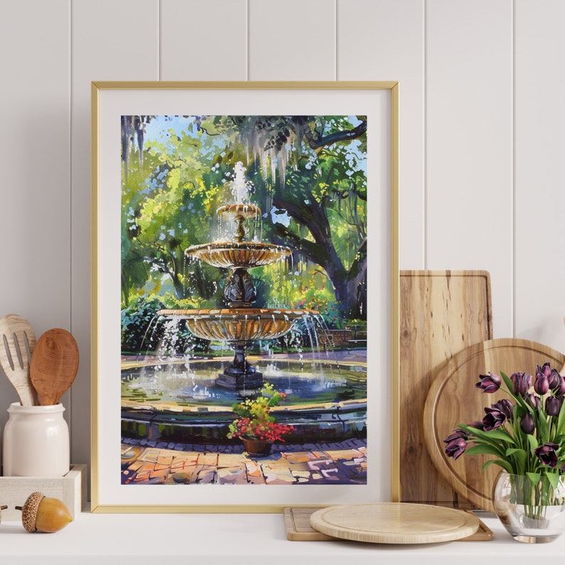 May include: A painting of a fountain in a park with lush green trees and a blue sky. The fountain is made of gold and has three tiers. The water is cascading down the tiers and creating a mist.