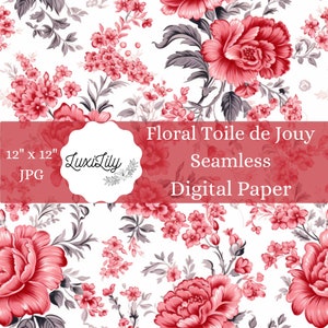 Papel digital Toile rojo floral, papel digital Toile de Jouy sin costuras, papel para scrapbooking rojo imprimible