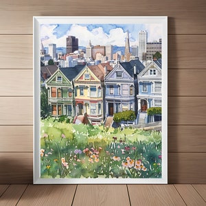 Pintura de paisaje urbano de Painted Ladies, impresión artística en acuarela de San Francisco, obra de arte de paisaje urbano de California, impresión de Steiner Street, arte mural de viajes