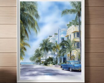 Miami South Beach Watercolor Art Print: Ocean Drive Streetscape (Digital Download)