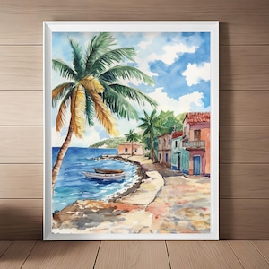 Havana aquarel print, Cubaans schilderij, Cuba Beach muurkunst, zeegezicht kunst kustkunstwerk, Caribische reiscadeau afdrukbare instant download